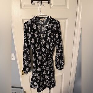 LOFT Black Floral Wrap Dress with White Print